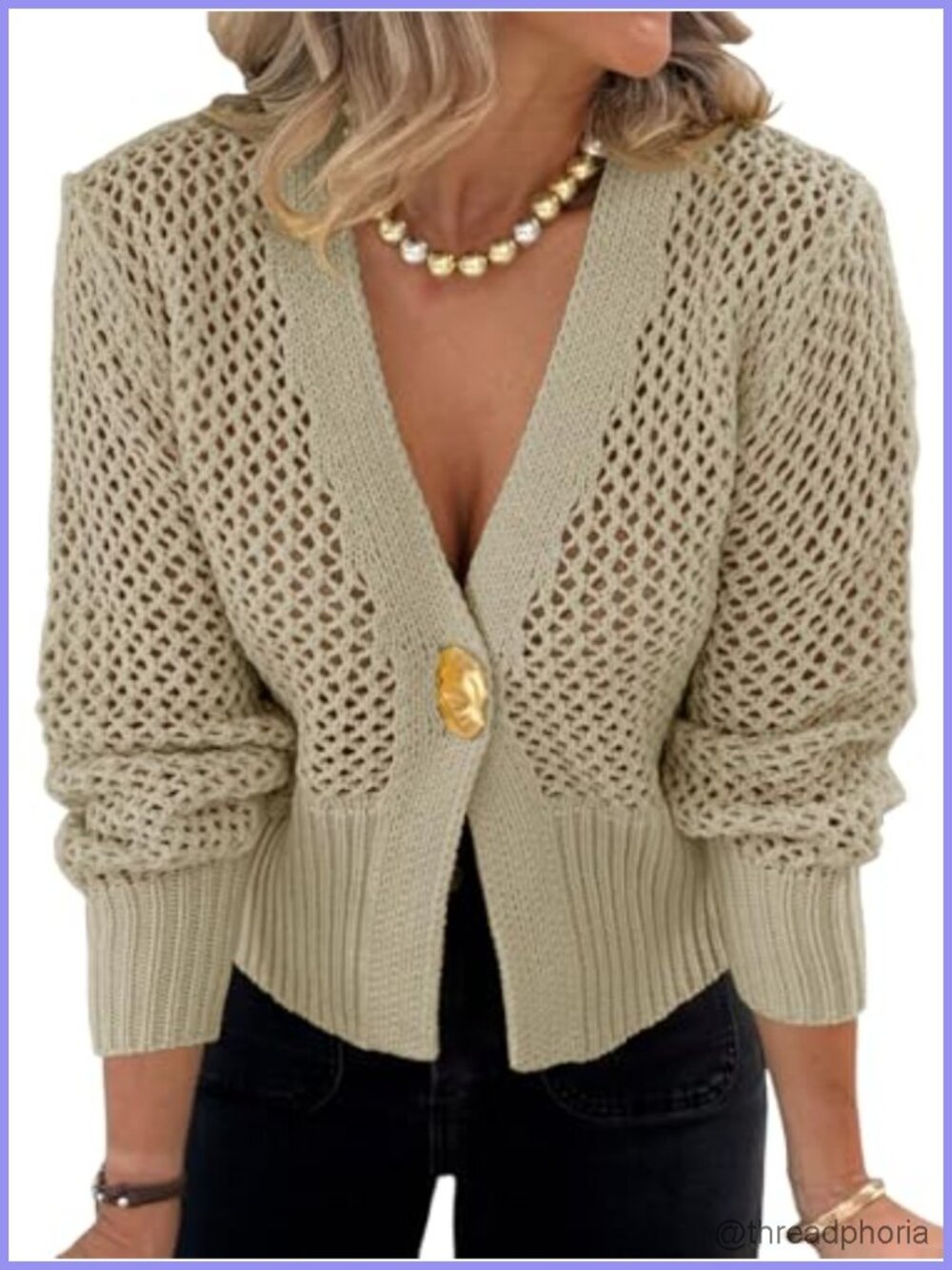 Crochet Lantern Sleeve Cardigan Lightweight V-Neck Button Down